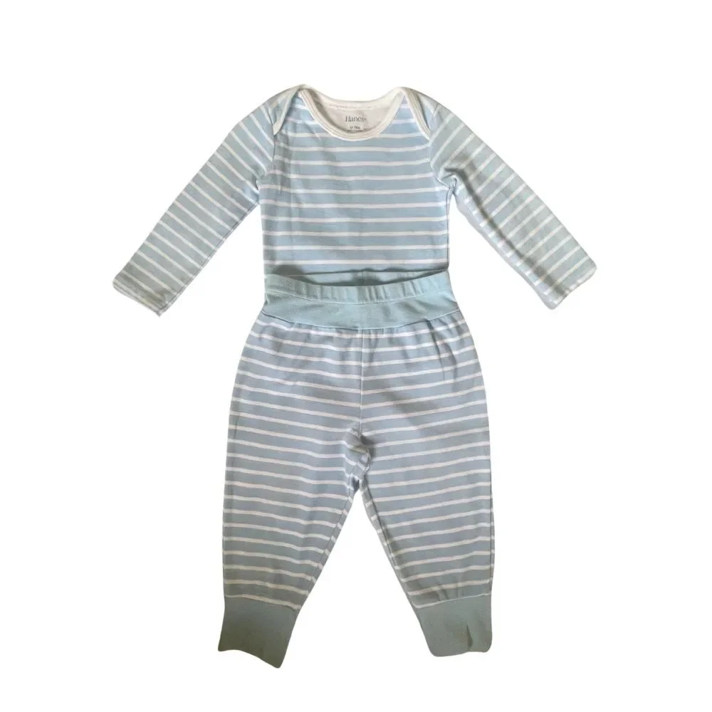 Hanes Baby Flexy Bodysuit and Pants 12-18M Long Sleeve Blue Stripes